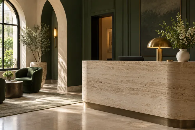 A quiet hotel reception desk beside sunlit arched windows